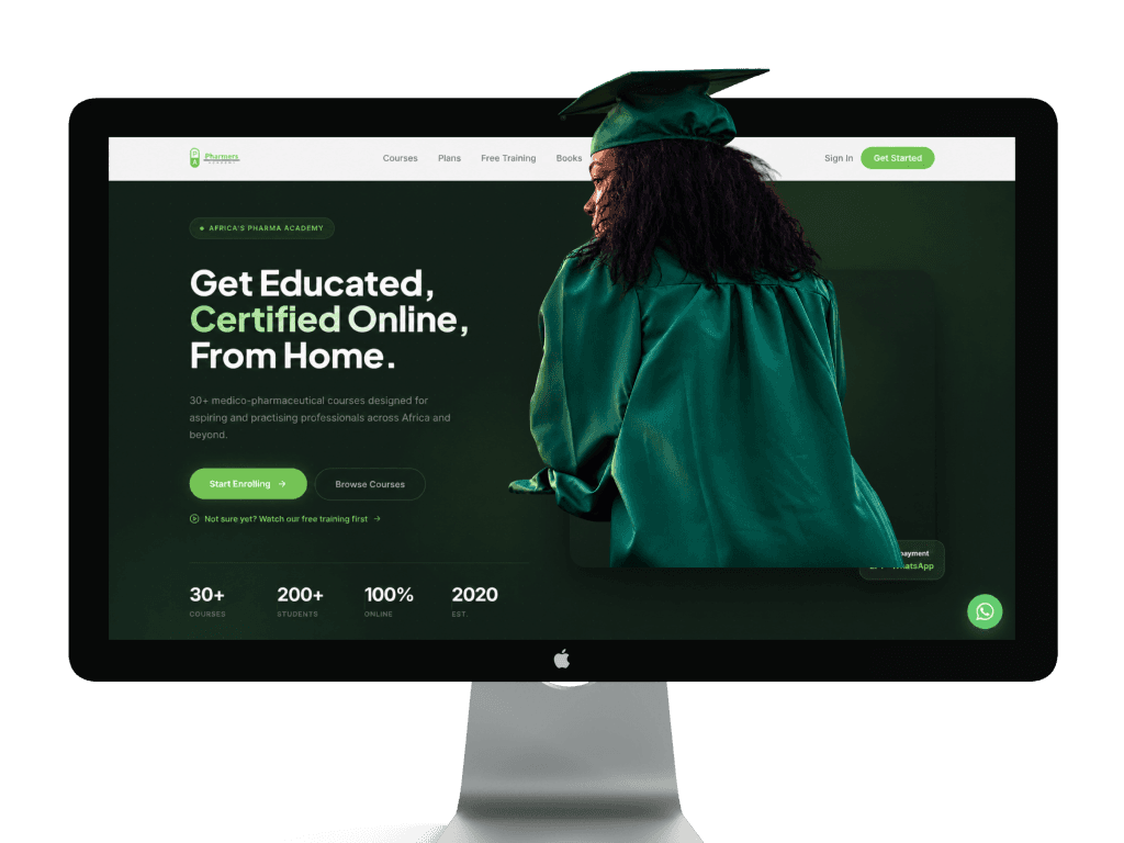 Pharmers Academy website displayed on a desktop monitor