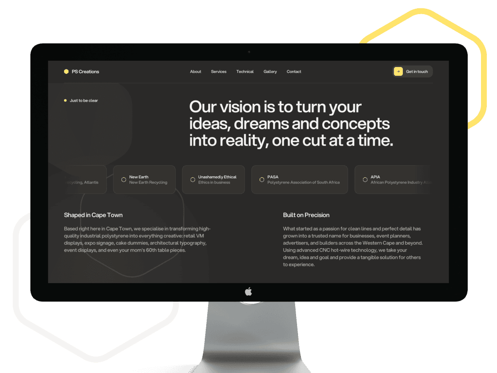 PS Creations website displayed on a desktop monitor