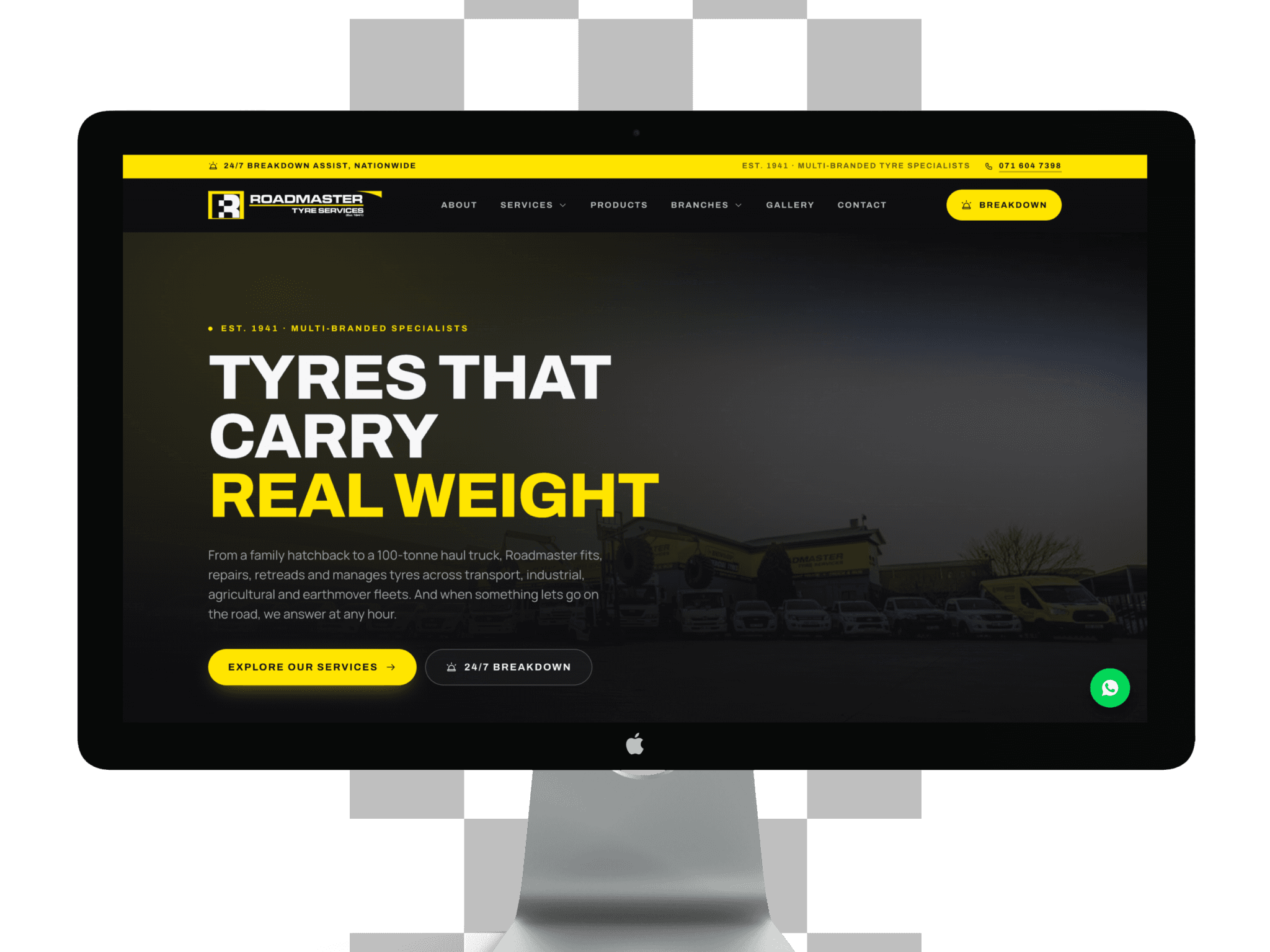 Roadmaster Tyre Services website displayed on a desktop monitor
